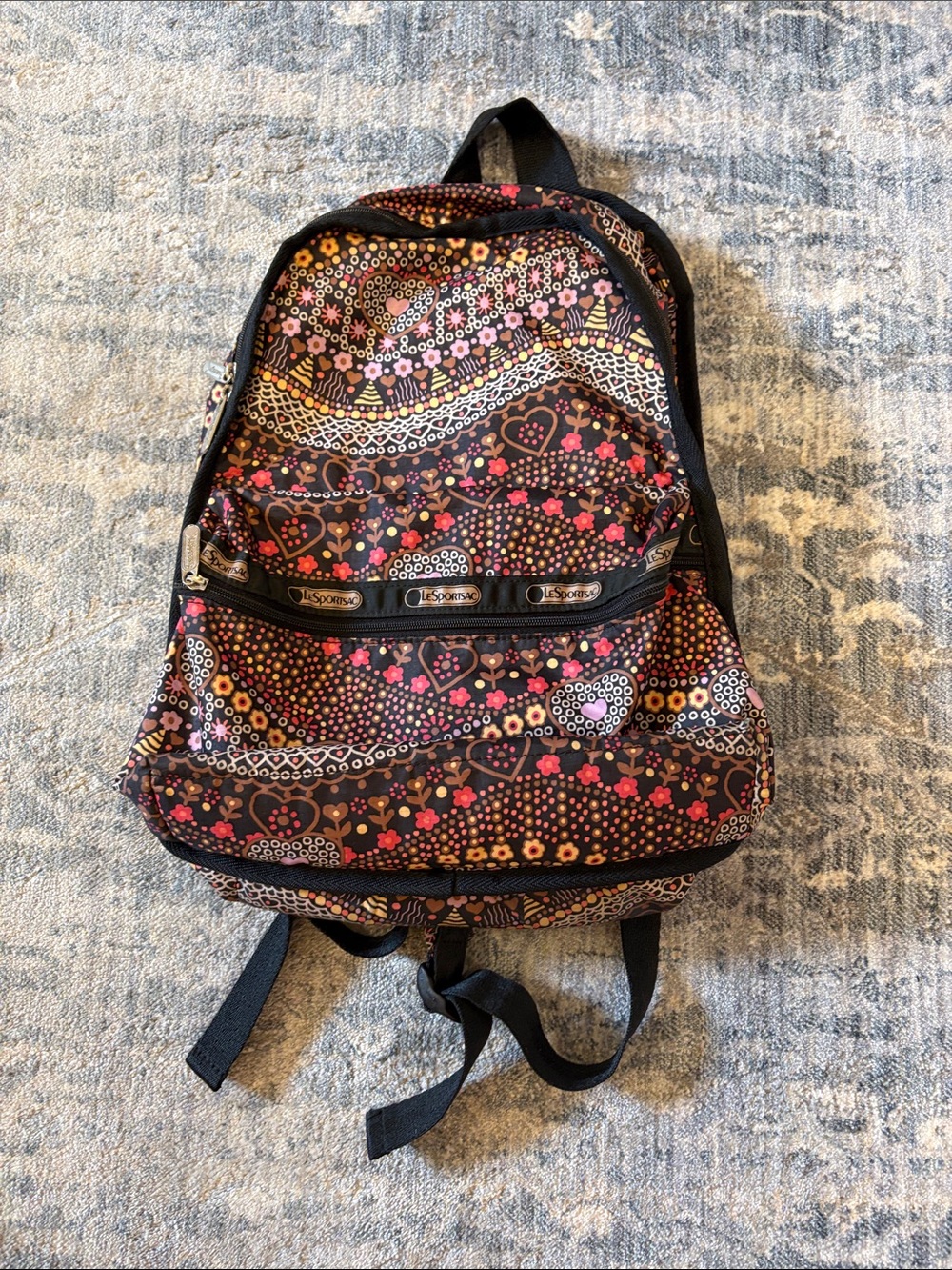 Lesportsac Brown Backpack with Pink and Yellow Floral Hearts
